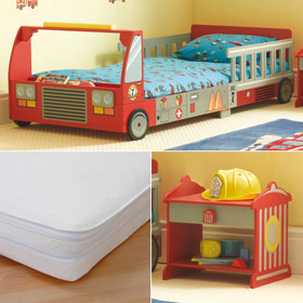 Fire Engine Bed, Bedside Table and Open Coil Cool Flow Mattress - SAVE andpound;25