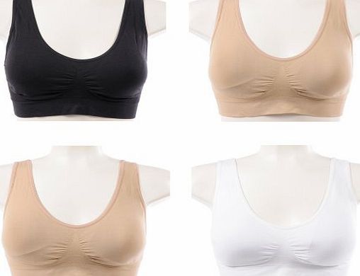 4 Pack Flexi Bra(TM) - The Ultimate comfort Bra. Seamless Support Comfort Sport Stretch Action Leisure Black White Nude / Beige (3 Colour Set + Free Beige Bra (Same Size), XXLarge - Chest 43.5-45.5inc