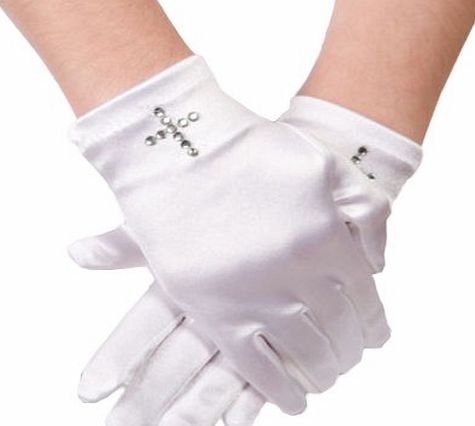 Flora Satin Girls Short Fingered Communion Glove,Wrist Length with Diamante Cross