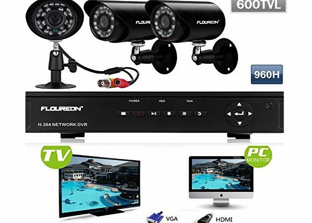 FLOUREON High Quality Home Surveillance Security System HDMI CCTV DVR Kit Including 4CH 960H HDMI CCTV DVR and 3 Outdoor 600TVL Black Night Vision Cameras Backup Via USB Drive
