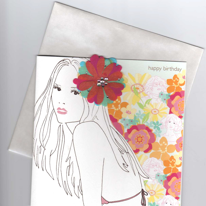 Flower Power Flirty Bikini Girl Happy Birthday Card