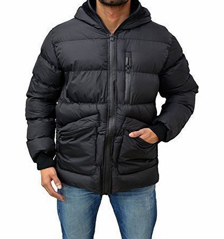 Foray Mens Designer Foray Coat Padded Nylon Quilted Warm Heated Pocket Goggle Black Thug Jacket