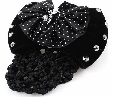 Woman Dotted Bowknot Accent Snood Net French Barrette Hair Clip Bun Cover Black