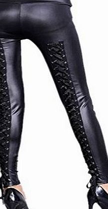 Foryingni Womens Lace Up Back Faux Leather Leggings One Size Black