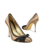 Black Bow Taupe Satin and Leather Pump Shoes