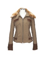 Brown Fur-Collar Leather-Trim Zippered Jacket