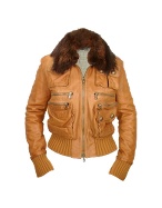 Detachable Fur Collar Brown Leather Bomber Jacket
