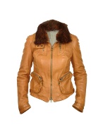Fur Collar Brown Natural Leather Bomber Jacket