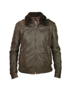 Men` Dark Brown Shearling Collar Bomber Leather Jacket