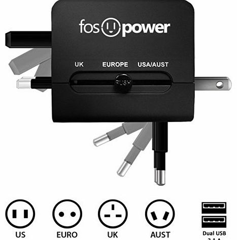 FUSE All-In-One (US UK EURO AUST) + 3.1A DUAL USB Port Universal World Wide International AC Travel Power Charger Adaptor Converter for US UK EU AU Plug (3.1A Dual USB Port - Black)