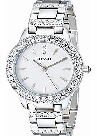 Fossil Ladies Dress Watch Es2362 With White Dial, Stone Encrusted Topring And Bracelet