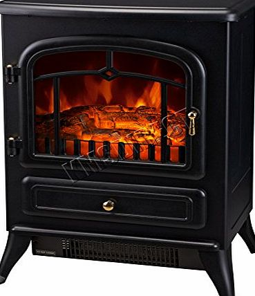 FoxHunter New Log Burning Flame Effect Electric Stove Fire Place Fires Fireplace Heater 1850W Max Output 2 Heat Settings Black Cast Iron Effect Finish Plastic Freestanding