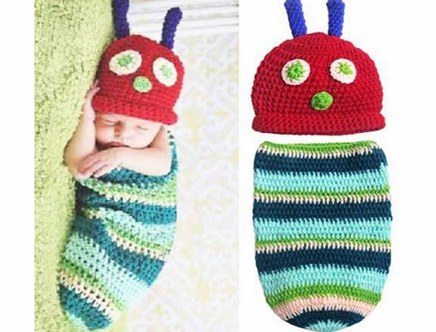 Foxnovo Cute Caterpillar Style Baby Infant Newborn Handmade Crochet Beanie Hat Clothes Baby Photograph Props