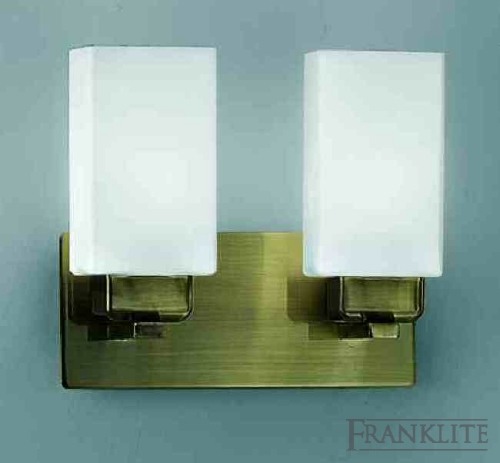 Franklite Brushed bronze finish 2 light wall bracket with square matt opal glasses.