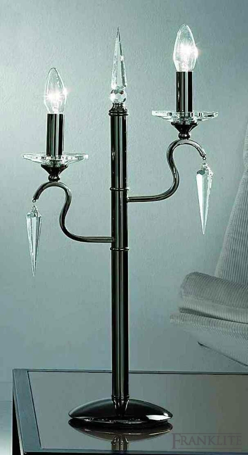 Franklite Kazan Black chrome finish 2 light table lamp with icicle shaped glass drops and cut glass candle pan