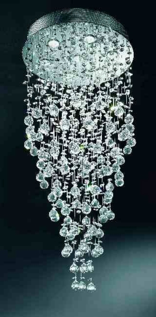 Modern chandelier comprising faceted lead crystal spheres on chrome finish metalwork. Overall height