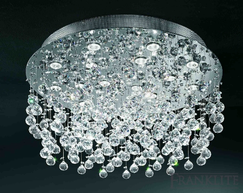 Modern flush fitting crystal chandelier comprising faceted lead crystal spheres on chrome finish met