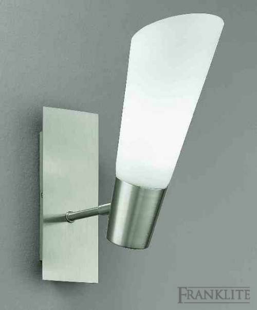 Satin nickel finish 1 light wall bracket with opal conical glass. Supplied with 13W 4-pin lamp