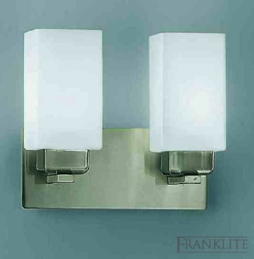 Franklite Satin nickel finish 2 light wall bracket with square matt opal glasses.