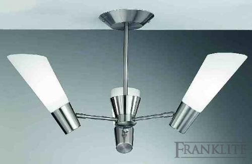 Satin nickel finish 3 light fitting with opal conical glasses. Supplied with 13W 4-pin lamps