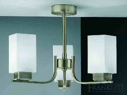 Franklite Satin nickel finish 3 light fitting with square matt opal glasses. Supplied with 13W 4-pin energy sa