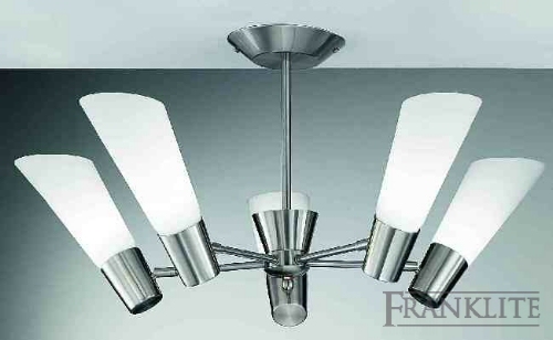 Satin nickel finish 5 light fitting with opal conical glasses.
