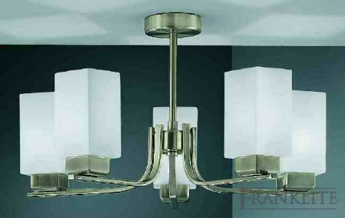 Satin nickel finish 5 light fitting with square matt opal glasses. Supplied with 13W 4-pin energy sa