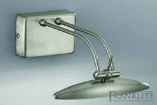 Satin nickel finish low voltage picture light with integral transformer.