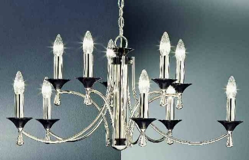 Seduction Italian brass 10 light chandelier finished in silver with black chrome detail