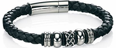 Fred Bennett Stainless Steel Mens B4211 Black Leather Bracelet with Celtic Beads of Length 23cm