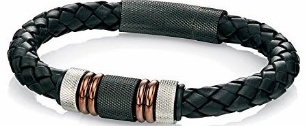 Stainless Steel Mens B4377 Stainless Steel and Black Leather Woven Bracelet of Length 21.5cm