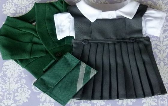 FRILLY LILY MEDIUM DOLLS SCHOOL UNIFORM 18-20 INCHES,WHITE BLOUSE,GREY PINAFORE,GREEN CARDY,GREEN BOOK BAG TO FIT DOLLS SUCH AS BABY ANNABELL 46 CM