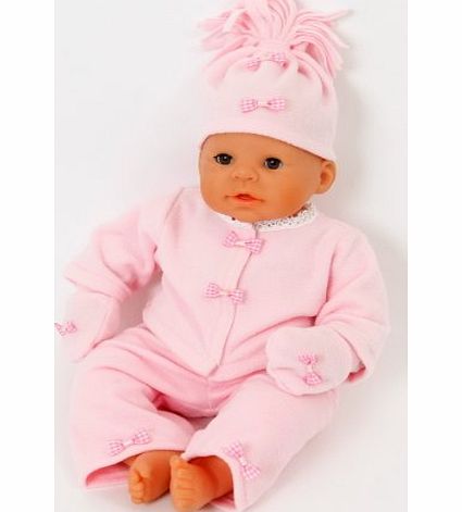 NEW COMPLETE PINK FLEECE SET FOR MEDIUM DOLLS 18-20INS INCLUDING JACKET/MITTS/HAT,AND TROUSERS DOLL NOT INCLUDED