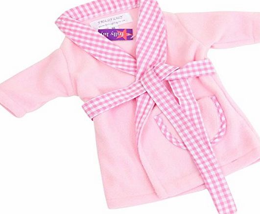 FRILLY LILY PINK FLEECE DRESSING GOWN WITH PINK GINGHAM TRIM FOR DOLLS AND BEARS 18-20INS , 45-50 CMTo fit dolls such as 46 cm Baby Annabell and Build a Bear