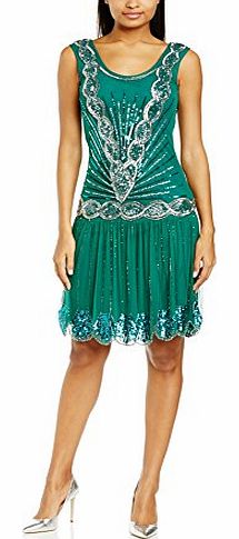 Womens Zelda Flapper Cocktail Sleeveless Dress, Green (Teal), Size 12