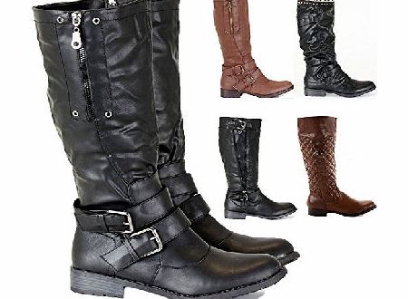 FrontCover STYLE B BLACK SIZE 5 - LADIES WOMENS WINTER BIKER RIDING FLAT LOW HEEL CALF KNEE HIGH BOOTS