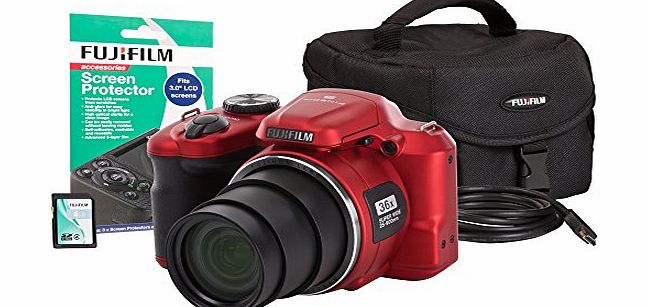 Fujifilm Fuji FinePix S8650 Camera Kit with Case, 4GB SD, HDMI Lead, Screen Protector - Red