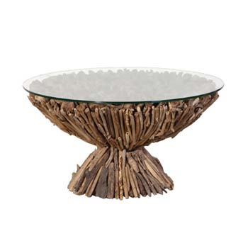 Acre Driftwood Round Coffee Table with Glass Top