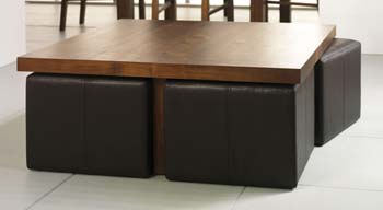 Panama Square Coffee Table with Four Brown Faux Leather Stools