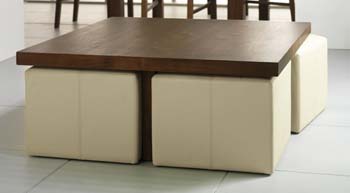 Panama Square Coffee Table with Four Ivory Faux Leather Stools