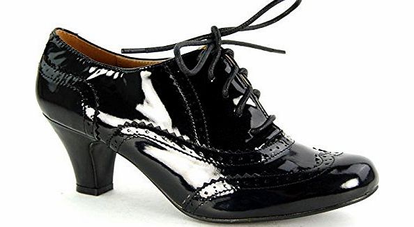 Garage Shoes Womens Round Toe Lace Up Brogue Work Office Shoe Ladies Low to Medium Heel Court Black Patent Size 5 UK