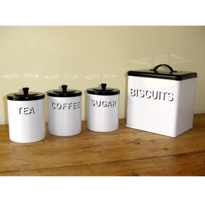 Vintage White and Black Enamel Biscuit Bin set