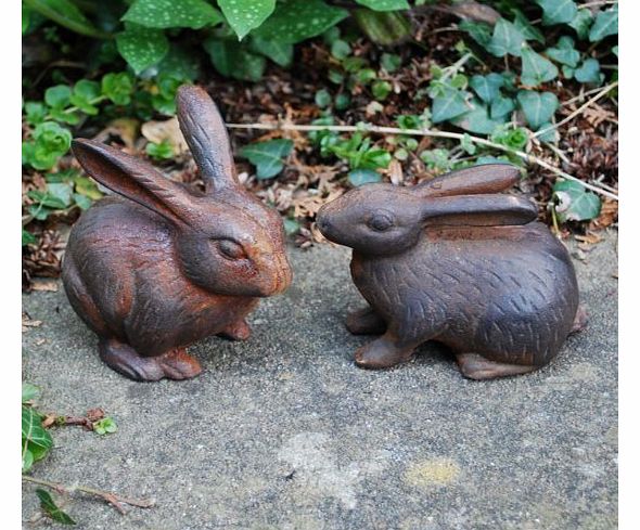 Pair Of Solid Cast Iron Rabbit Garden Ornaments