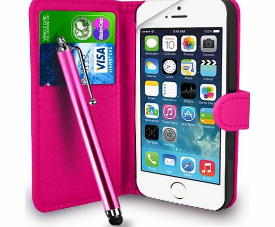 Gbos Apple iPhone 5S / 5 Hot Pink Leather Wallet Flip Case Cover Pouch   Touch Stylus Pen   Screen Protector amp; Polishing Cloth