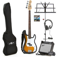 Gear4Music Electric G-4 Bass Guitar Sunburst Christmas Pack