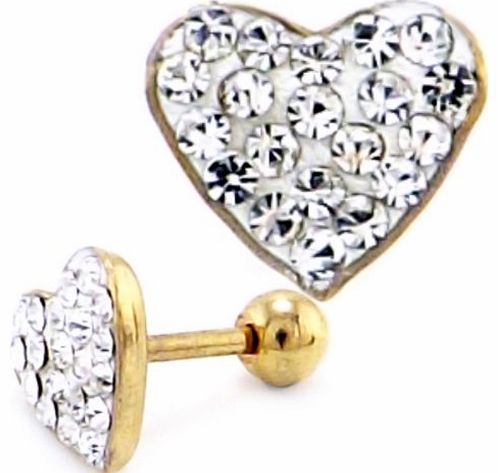 Gemini body jewellery Stunning Gold Surgical steel Crystal Encrusted Heart Tragus, Cartilage Stud Earring 16G 1.2mm x 8mm