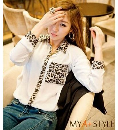 Details about Women Fashion Sexy Leopard Print Pocket Long Sleeve Chiffon Blouse Shirt Tops (White)