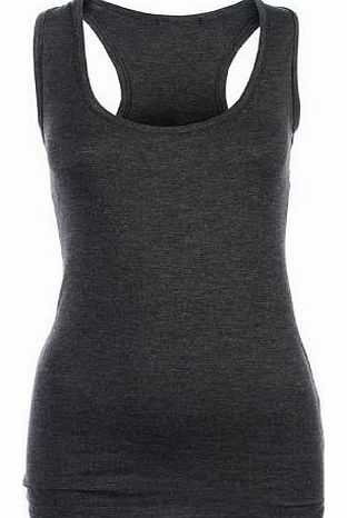 Generic NEW WOMENS LADIES PLAIN MUSCLE BACK VEST T-SHIRT TOP IN ALL COLOURS SIZE 8-14 (M/L, CHARCOAL)