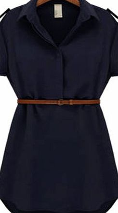 Generic Pinup Womens Cap Sleeve Stretch Chiffon Casual OL Belt Shirt Mini Dress (Navy, UK_14)