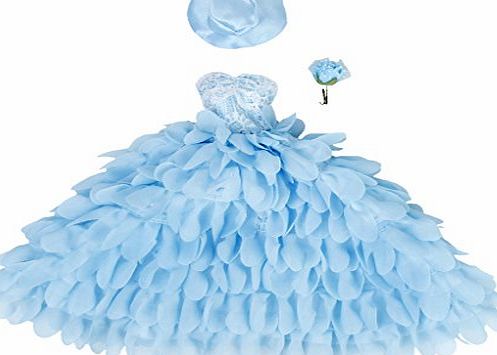 Generic Princess Doll Wedding Gown Lace Floral Dress with Hat and Flower Blue
